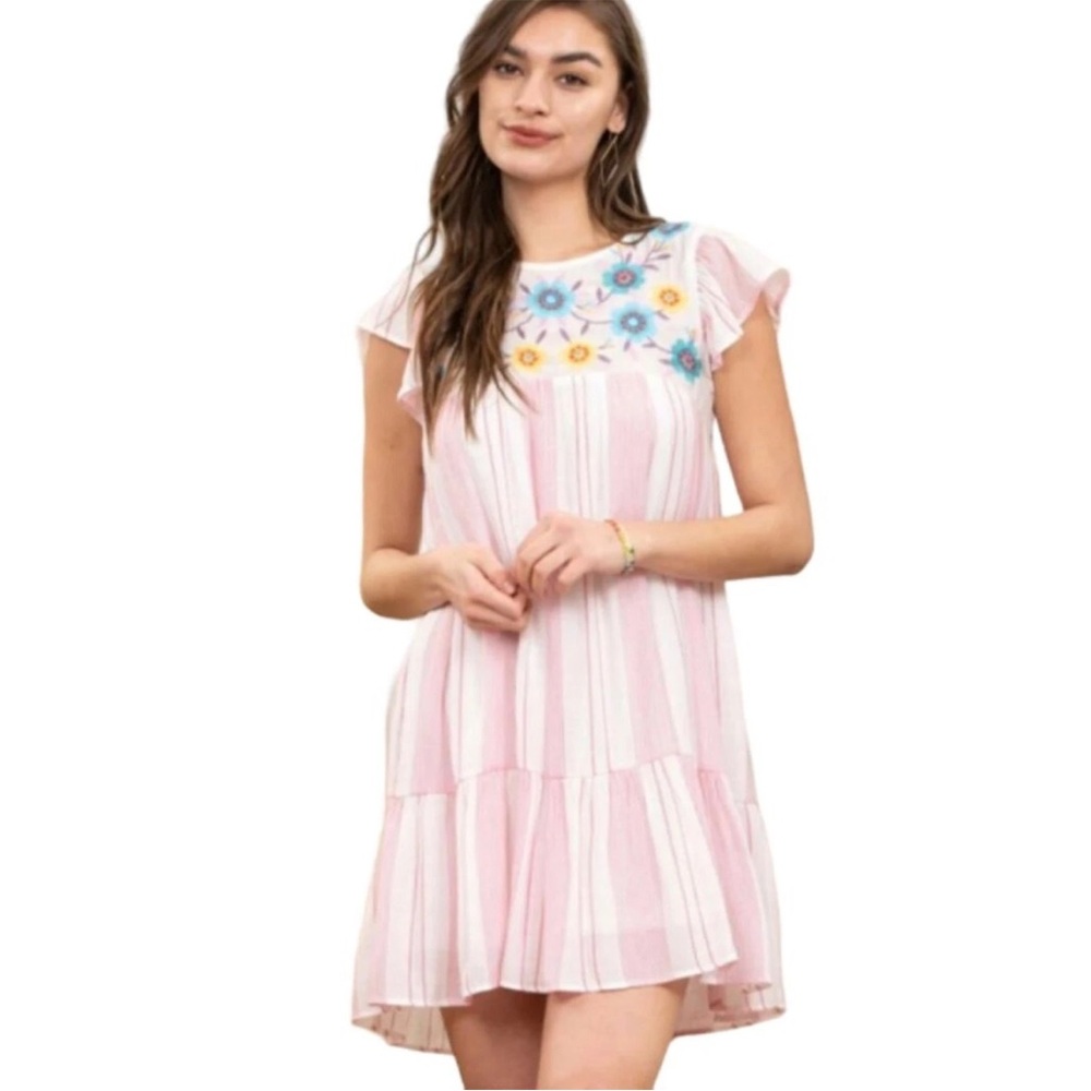 ❤️Blu Pepper for Anthropologie Embroidered‎ Flower Stripe Ruffle Dress SZ M